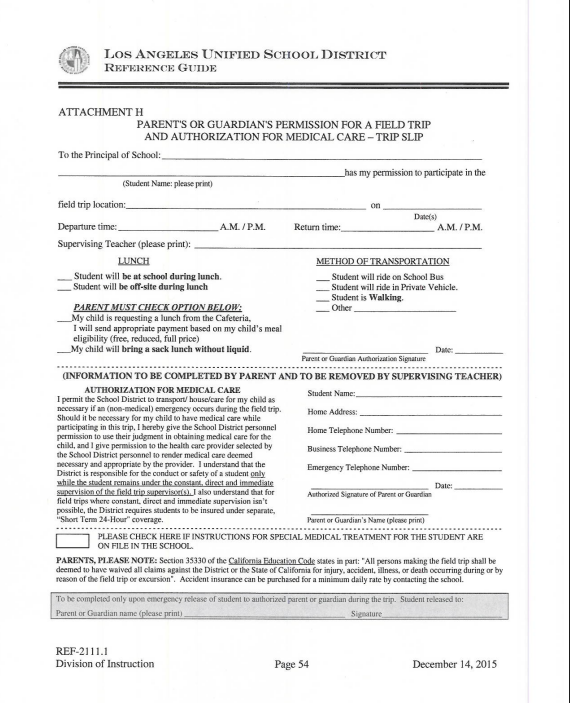 LAUSD Field Trip Permission Slip and Authorization for Medical Care