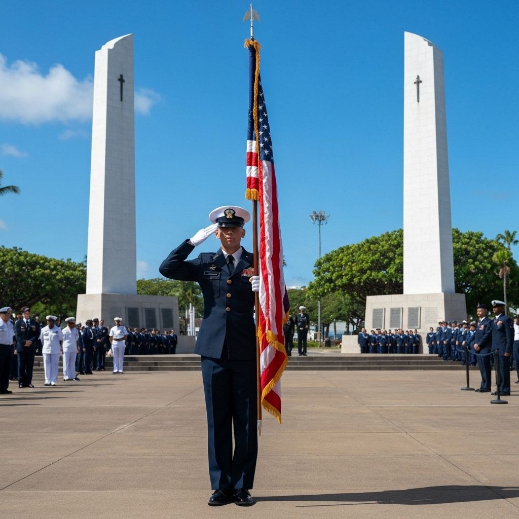 A Navy JROTC cadet salutes during the parading of the colors ceremony held at Pearl Harbor, Hawaii